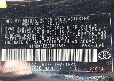 2014 Toyota Avalon Xle Premium из США, поврежденный, VIN 4T1BK1EB9EU078971